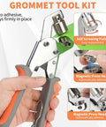 Heavy Duty Grommet Tool Kit With 6mm, 10mm And 12mm Hole Punch, showing pliers with magnetic press head and self screwing fixing.