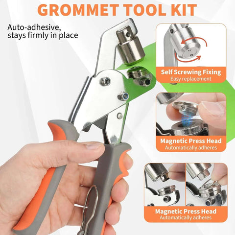 Heavy Duty Grommet Tool Kit With 6mm, 10mm And 12mm Hole Punch, showing pliers with magnetic press head and self screwing fixing.