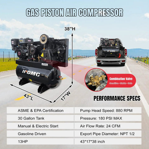 13HP Gas Air Compressor With Electric Start 30Gal ASME Tank Delivers 24CFM At 180PSI Industrial Piston Pump Powered By Gasoline Engine Includes Free 4L Synthetic Oil For Heavy Duty Use