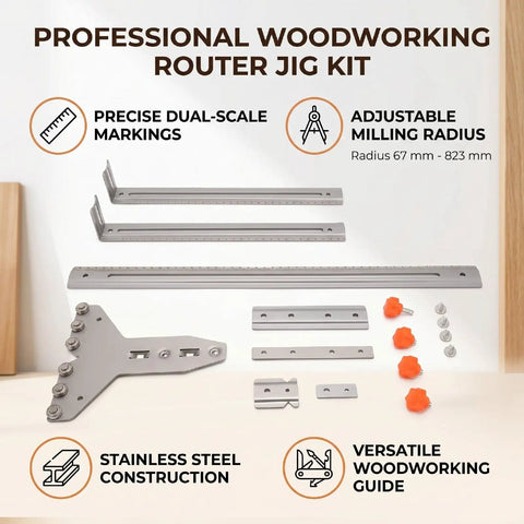Rock Solid Router Milling Bracket With Adjustable Circle Cutting Jig And Straight Edge Guide Top Shelf stainless steel woodworking fixture components layout.