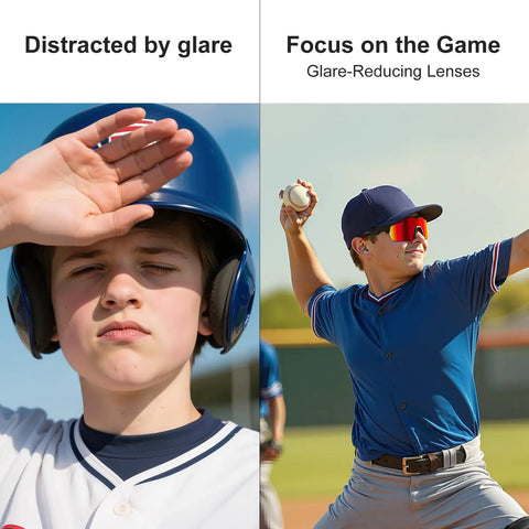 Youth baseball players wearing polarized sunglasses for reduced glare, Polarized Sports Sunglasses With Five Interchangeable UV400 Lenses For Men Women And Youth For Running Cycling Baseball Fishing Hiking And Driving Includes Color Lenses For Sunny Or Cloudy Polarized Black Yellow Night And Light Blue Fog Clear.