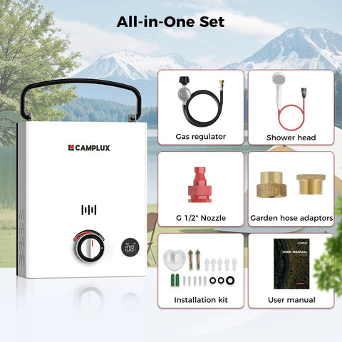 Grab And Go Portable Propane Water Heater Boasting Instant 1.32 Gpm Hot Flow And A Hefty 34000 BTU Output features all-in-one set.