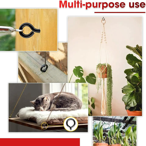 Heavy Duty Black Screw Eyes Set With 3.2 Inch Eye Bolts for indoor and outdoor decor, showing multiple uses like plant hanging.