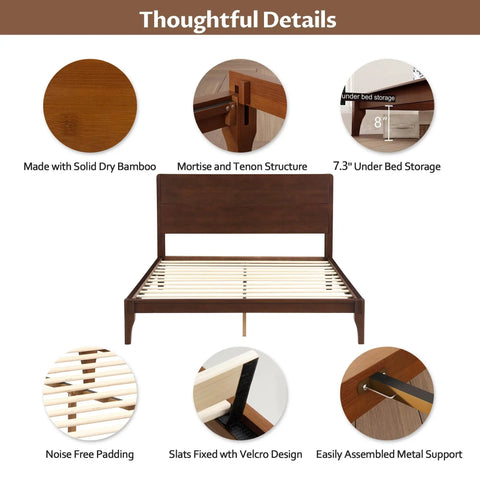 Total Game Changer Full Size Bamboo Platform Bed Frame With Extra Tall Headboard Heavy Duty Wood Slat Support Mid Century Modern Espresso Finish Quick Assembly No Box Spring Needed For Dreamy Bedroom Setup with detailed features.