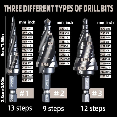 Three Piece M35 Step Drill Bits Set With Five Magnetic Phillips Screwdriver Bits HSS Titanium Coated Pro Grade Durable Four Flute Drill Bits For Stainless Steel Sheet Metal Aluminum Plastic And Wood Includes Storage Box