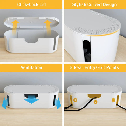 White Cable Management Box For Power Strips Up To 10.5 Inches showing lid, curved design, ventilation, and cable entry points.