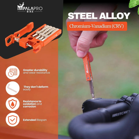 Lightweight 20 In 1 Bike Multitool Kit In Orange With Chrome Vanadium Construction A Trail Ready MTB Repair Tool in use