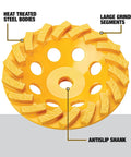 Close-up of 4 Inch XP Turbo Diamond Cup Wheel For Multi Material Cutting And Grinding On Wood Plastics Mild Steel Non-Ferrous Metals And Masonry Pro Grade Heavy Duty Durability Anti Slip Shank With Milled Clamping Surfaces showing detailed grinding segments.