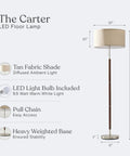 LED Floor Lamp With Walnut Wood Finish And Drum Shade Mid Century Modern Style showing dimensions and features legend