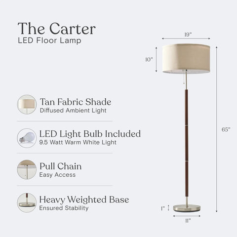LED Floor Lamp With Walnut Wood Finish And Drum Shade Mid Century Modern Style showing dimensions and features legend