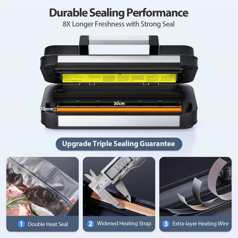 95KPa Dual Pump Vacuum Sealer With Double Heat Seal For Dry And Moist Food, close-up of sealing mechanism and measurements