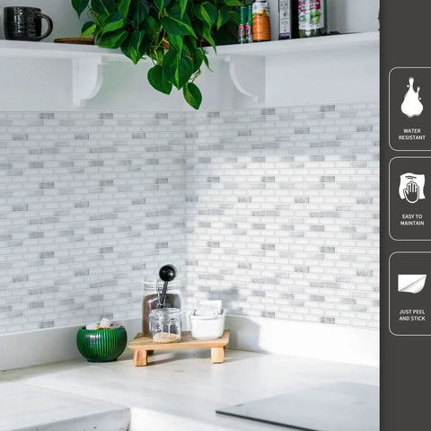 Self Adhesive 12x12 Backsplash Tiles 10 Pack For Kitchen Shower And Fireplace, installed on a white wall in a kitchen corner.