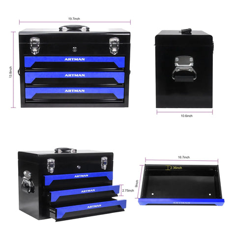 Rock Solid 20 Inch Portable Metal Toolbox With Triple Drawer Layout And Quick Access Top Tray showing all angles and measurements.