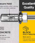 Close-up of 1/4 X 1-3/4 Inch Wedge Anchors showing hold in concrete, 304 stainless steel, secure for construction and renovation.