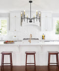 Black Farmhouse Chandelier With Six Lights For Dining Room And Kitchen Island above white kitchen island