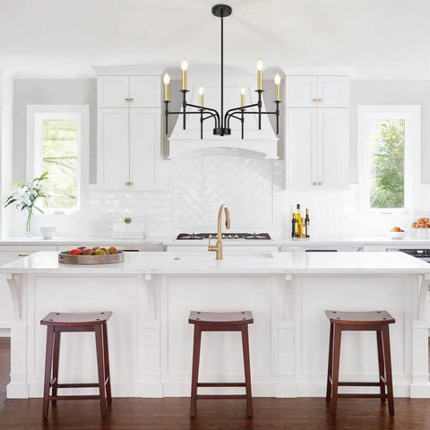 Black Farmhouse Chandelier With Six Lights For Dining Room And Kitchen Island above white kitchen island