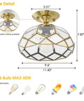 Brass Glass Semi Flush Mount Ceiling Light One Light Vintage Gold Fixture For Hallways Foyers Entryways Kitchens And Bathrooms Close To Ceiling With Crystal Cut Glass shown with size and bulb details