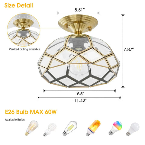 Brass Glass Semi Flush Mount Ceiling Light One Light Vintage Gold Fixture For Hallways Foyers Entryways Kitchens And Bathrooms Close To Ceiling With Crystal Cut Glass shown with size and bulb details
