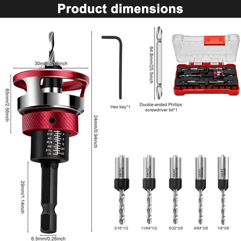 7 Piece Countersink Drill Bit Set With Aluminum Stop Collar And Bearing For Smoother Countersinking Includes Screwdriver Bits And Hss M2 Tapered Bits With One Quarter Inch Hex Shank For Woodworking, product components and dimensions.