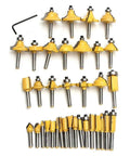 Heavy Duty Thirty Five Piece Tungsten Carbide Router Bit Set For Woodworkers With One Quarter Inch Shank Rotary Tool Compatible Blades, yellow bits arranged.