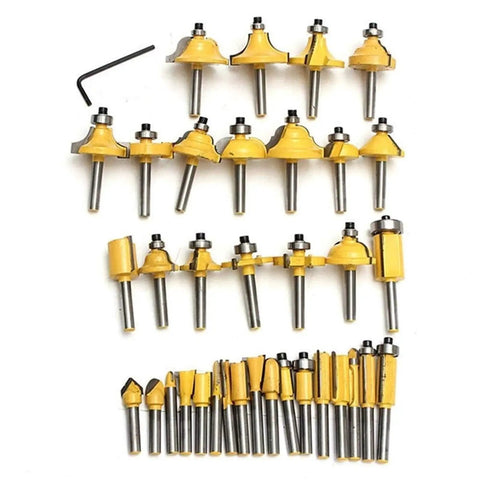 Heavy Duty Thirty Five Piece Tungsten Carbide Router Bit Set For Woodworkers With One Quarter Inch Shank Rotary Tool Compatible Blades, yellow bits arranged.