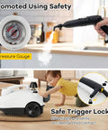 Smooth Glide Steam Cleaner With Safety Trigger And 61 Oz Tank 1800W High Heat Vapor Blaster with pressure gauge and safe trigger lock.
