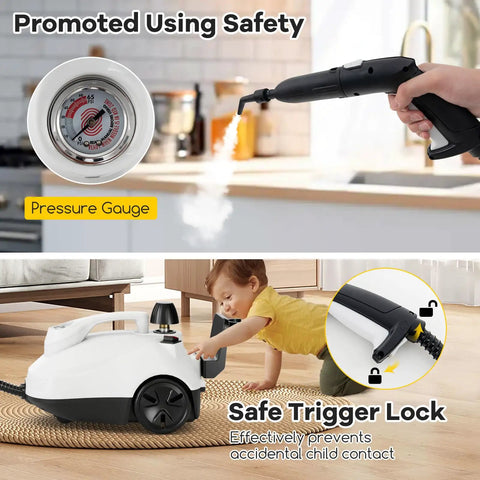 Smooth Glide Steam Cleaner With Safety Trigger And 61 Oz Tank 1800W High Heat Vapor Blaster with pressure gauge and safe trigger lock.