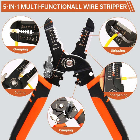 Five In One Wire Stripper And Crimping Tool For Ten To Twenty Two AWG Electrical Wires with Cutter features and labels