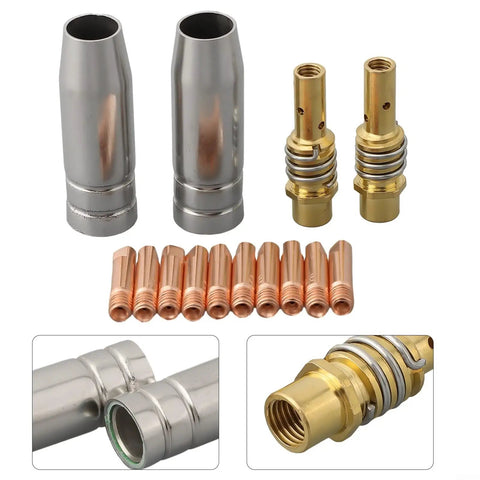 14 Piece MIG MAG Welding Torch Accessories Kit With M6 0.8mm Power Nozzles, Gas Nozzles, And Retaining Springs For MB14/15