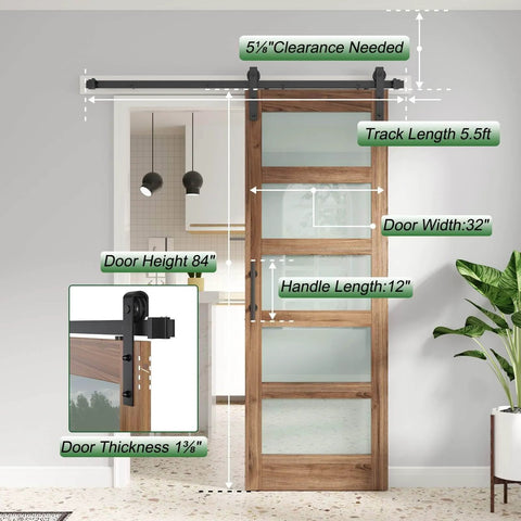 32 By 84 Inch Frosted Glass Barn Door With 5-Panel Design, Waterproof And Scratch-Resistant Surface, shown installed in home