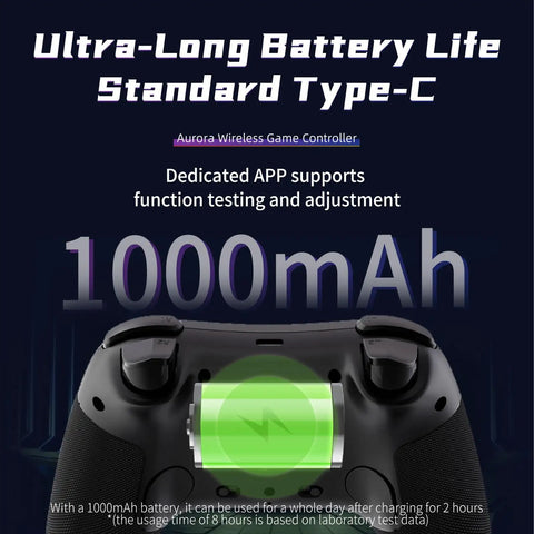 Aurora II 2.4G Wireless Bluetooth Controller with 1000mAh battery highlighted, showcasing ultra-long battery life