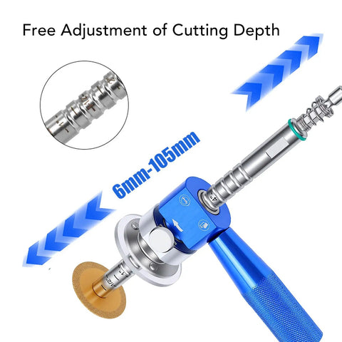 Inside Pipe Cutter With One Quarter Inch Hex Shank, Easy Depth Lock, Tool Free Adjustment, showcasing adjustable cutting depth.