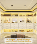 100 Inch White Freestanding Closet System With Smooth Glide Drawers And Full Length Mirrored Panel featuring organized storage in a chic walk-in wardrobe.