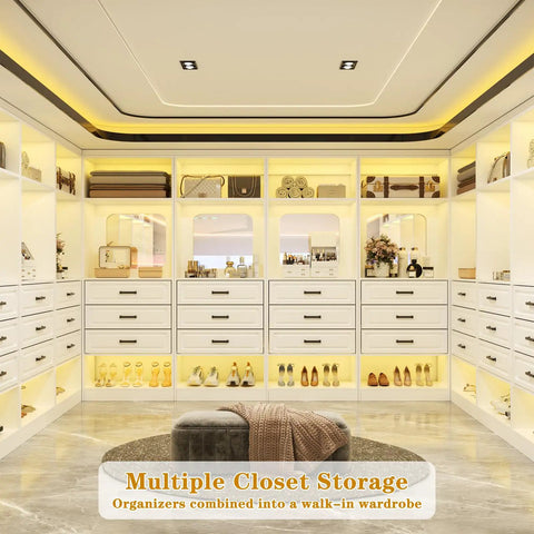 100 Inch White Freestanding Closet System With Smooth Glide Drawers And Full Length Mirrored Panel featuring organized storage in a chic walk-in wardrobe.