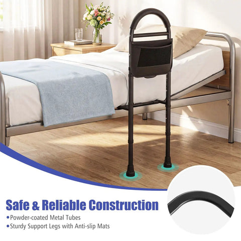 Bed Rail Guard For Elderly Safety, Adjustable Height Bed Side Assist Bar with Non-Slip Handle beside a bed