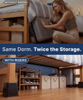 Comparison of bed without vs. with Durable Bed Risers For Dorm Rooms With 3 And 5 Inch Heights, Stackable To 8 Inches, 8 Pack Black