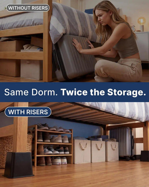 Comparison of bed without vs. with Durable Bed Risers For Dorm Rooms With 3 And 5 Inch Heights, Stackable To 8 Inches, 8 Pack Black