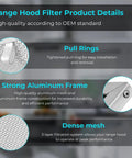 Range Hood Filter Replacement Pack Of 2 For 11 1/4 By 11 3/4 By 3/8 Inch Grease Filter With Reinforced Aluminum Frame Fits S99010316 NTK7450000 990721400A And Related Models Heavy Duty Kitchen Vent Hood Air Filter product details showing pull rings, strong aluminum frame, and dense mesh.