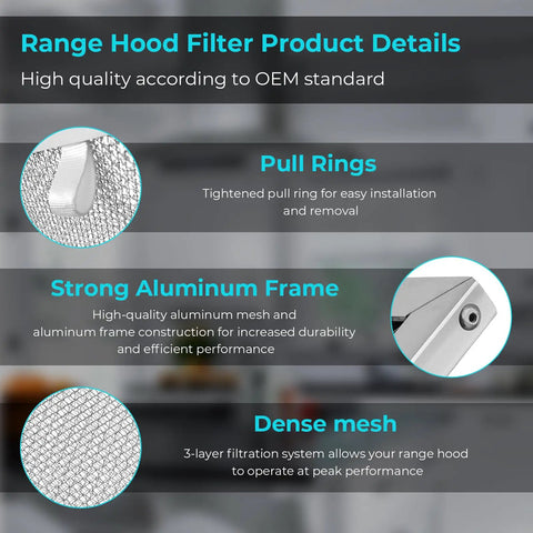 Range Hood Filter Replacement Pack Of 2 For 11 1/4 By 11 3/4 By 3/8 Inch Grease Filter With Reinforced Aluminum Frame Fits S99010316 NTK7450000 990721400A And Related Models Heavy Duty Kitchen Vent Hood Air Filter product details showing pull rings, strong aluminum frame, and dense mesh.