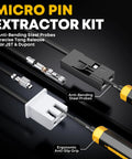 Micro Pin Extractor Kit with anti-bending probes for JST and Dupont connectors, black and yellow ergonomic handle visible.