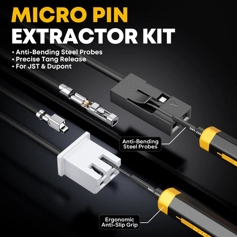 Micro Pin Extractor Kit with anti-bending probes for JST and Dupont connectors, black and yellow ergonomic handle visible.