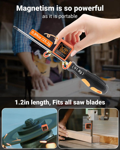 Dead On Digital Angle Finder And Magnetic Torpedo Level Boasting A Crisp Backlit Display and lightning fast auto calibration for zero hassle DIY projects and precision woodworking cuts, showing magnetic attachment.
