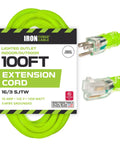 High Visibility 100 Ft Outdoor Extension Cord 16/3 SJTW 13 Amp Heavy Duty Neon Green With Lighted End For Power Tools