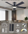 Black Flush Mount Ceiling Fan With Lights, Low Profile Design, DC Reversible Motor, 6 Speeds, installed in modern living room