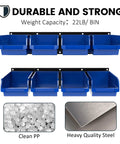 Wall Mounted Garage Storage Bin Rack With 8 Bins And 2 Rails Blue Large Tool Organizer For Workshop Craft Room School And Shop That Makes Decluttering A Breeze. Image shows two black rails with eight blue bins, highlighting durable materials.