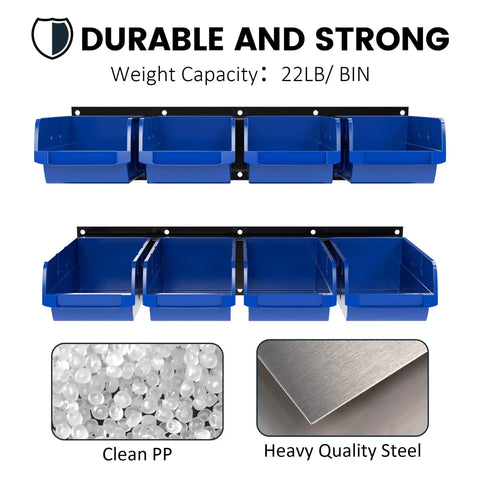 Wall Mounted Garage Storage Bin Rack With 8 Bins And 2 Rails Blue Large Tool Organizer For Workshop Craft Room School And Shop That Makes Decluttering A Breeze. Image shows two black rails with eight blue bins, highlighting durable materials.