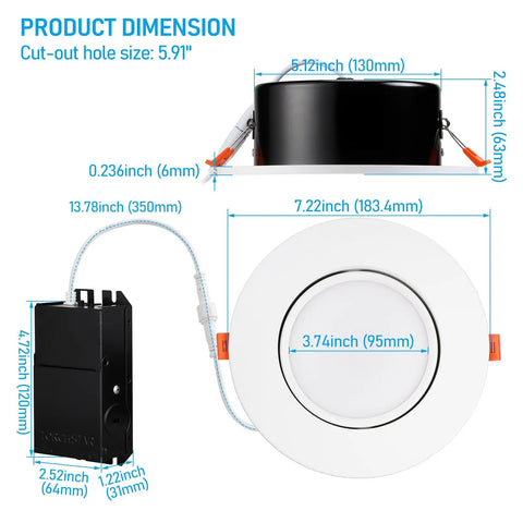 Dimensions of the 6 Inch Gimbal LED Recessed Downlight No Brainer Dimmable 5CCT, Junction Box Included, Air Tight Design.