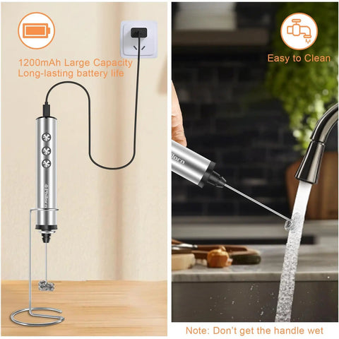Rechargeable USB C Milk Frother With Stand, Handheld Wand With 3 Heads And 3 Speeds For Latte Cappuccino Matcha Almond Milk And More, Easy To Clean, Barista Quality At Home showing charging and cleaning