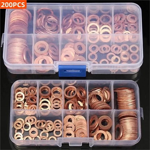 Killer Flat Copper Washers Complete Set With Nuts And Bolts For Sump Plug Seals Engine Repair Heat Resistant Universal Fit Fits M8 To M14 Sizes Fixing Leaks Critical Sealing Parts Easy Install Best Quality Copper For Great Reliability Now, 200-piece organizer