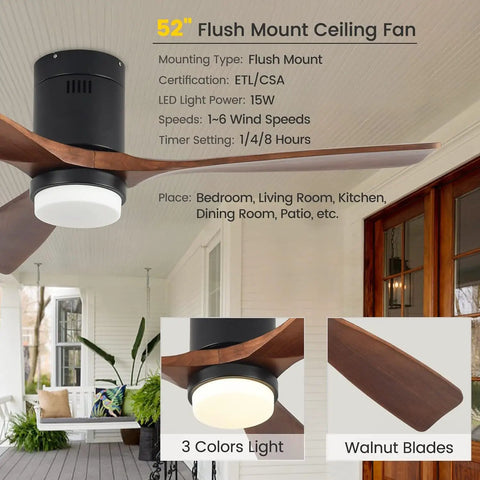 52 Inch Wood Ceiling Fan with lights and remote control featuring 3 walnut blades, 6 speeds, for indoor and outdoor use